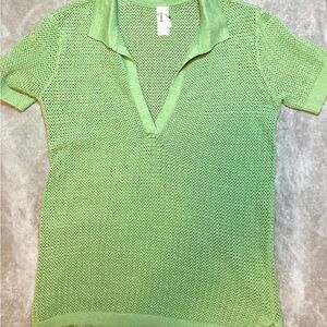 Pact Light Green Short Sleeve Knit Top Crochet V/Neck‎ Linen Cotton Beach Preppy